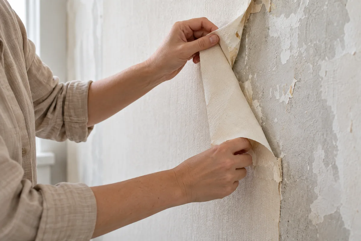 Mains décollant le papier peint uni d&rsquo;un mur pour révéler le plâtre