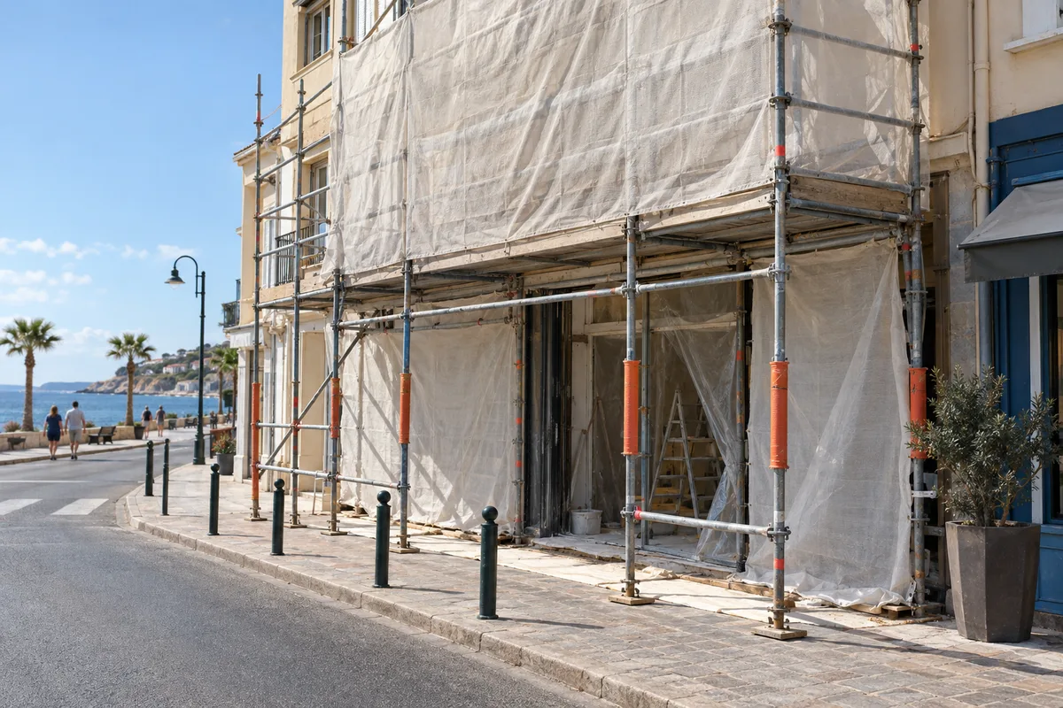 Façade de boutique en rénovation avec bâches unies et échafaudage dans une rue de bord de mer