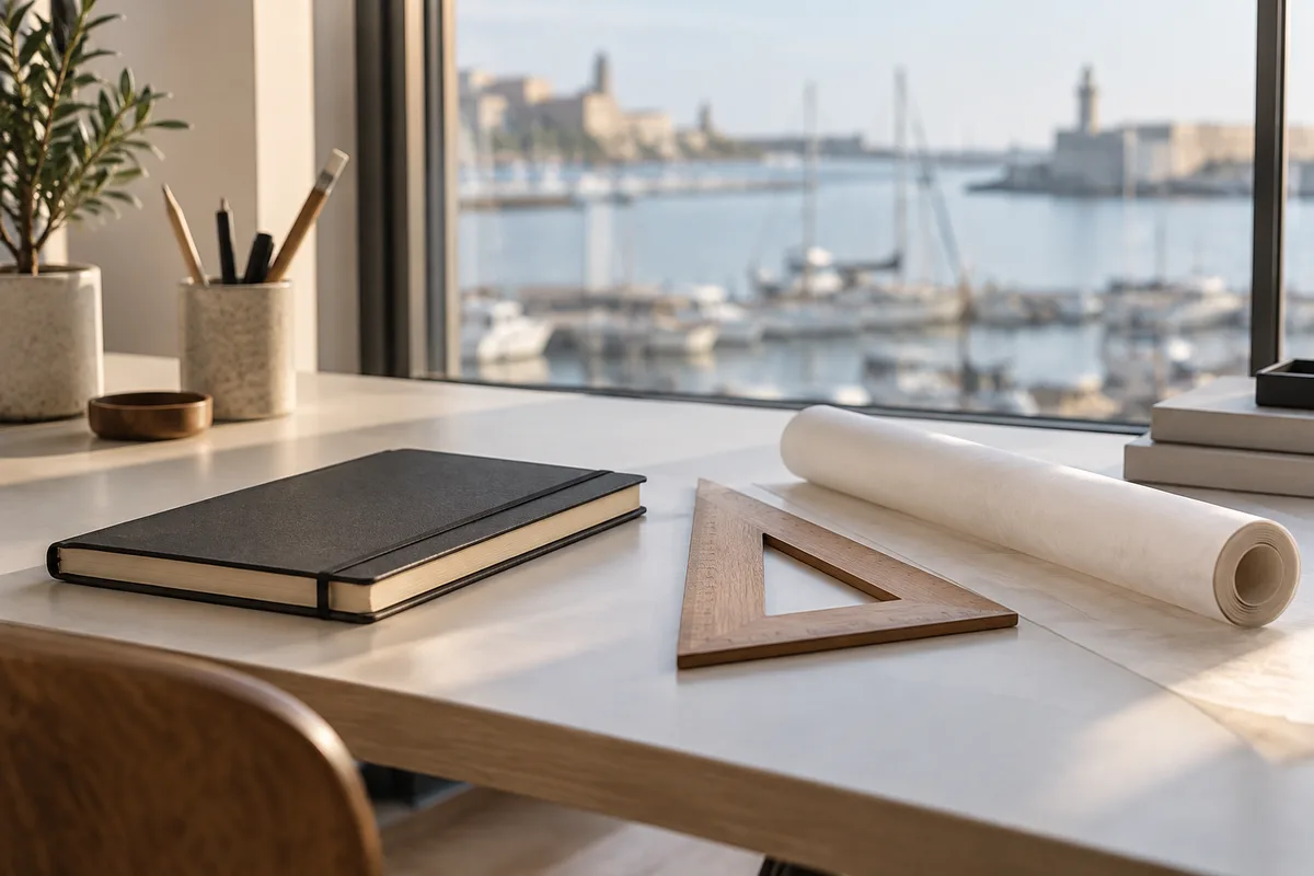 Bureau propre avec carnet fermé, équerre en bois et rouleau de papier calque devant une fenêtre