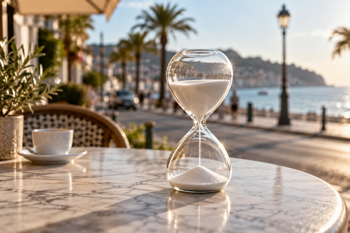Sablier en verre à sable blanc posé sur une table de café en marbre