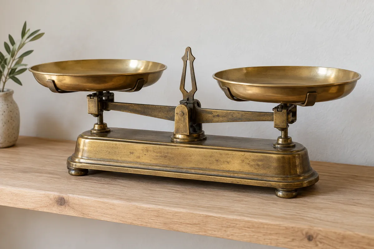 Balance ancienne à deux plateaux en laiton posée sur une étagère en bois clair