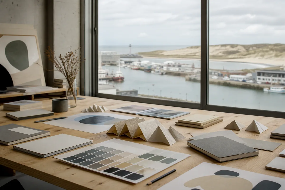 Plan de travail de studio graphique avec nuancier, maquettes imprimées et carnet