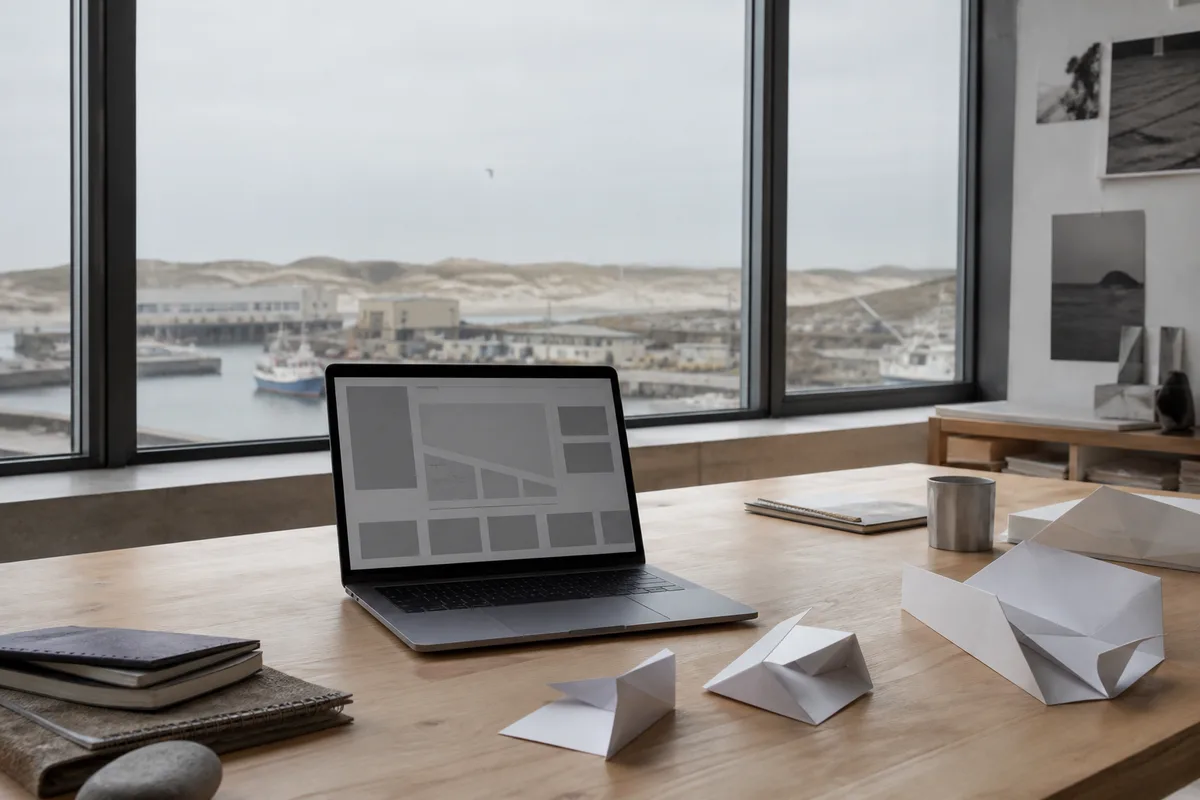 Bureau d’artisan avec ordinateur portable affichant un site en construction