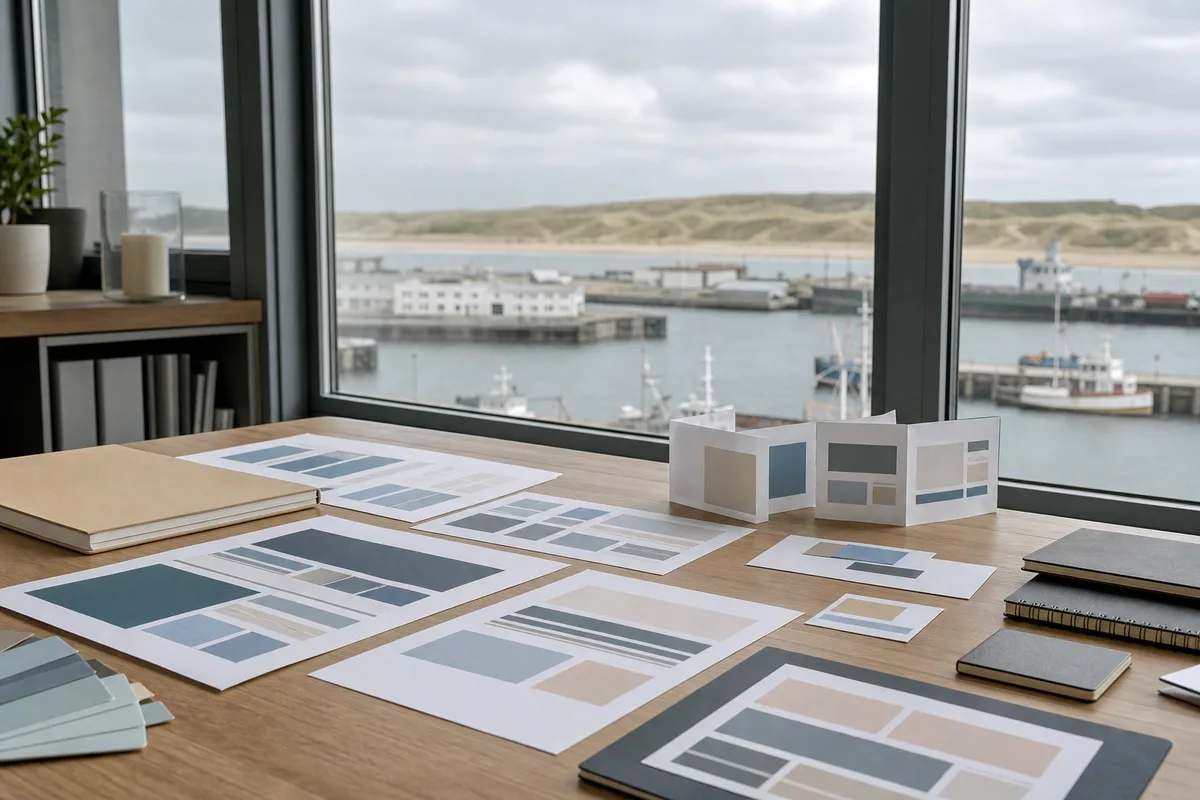 Vue d’un plan de travail avec maquettes de site internet et carnet de notes