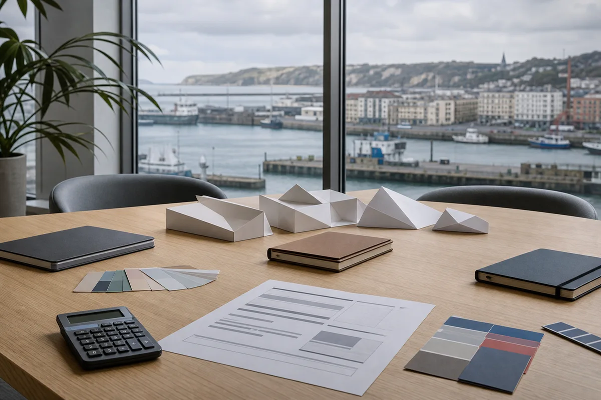 Table de réunion avec devis imprimé, calculatrice et échantillons de couleurs