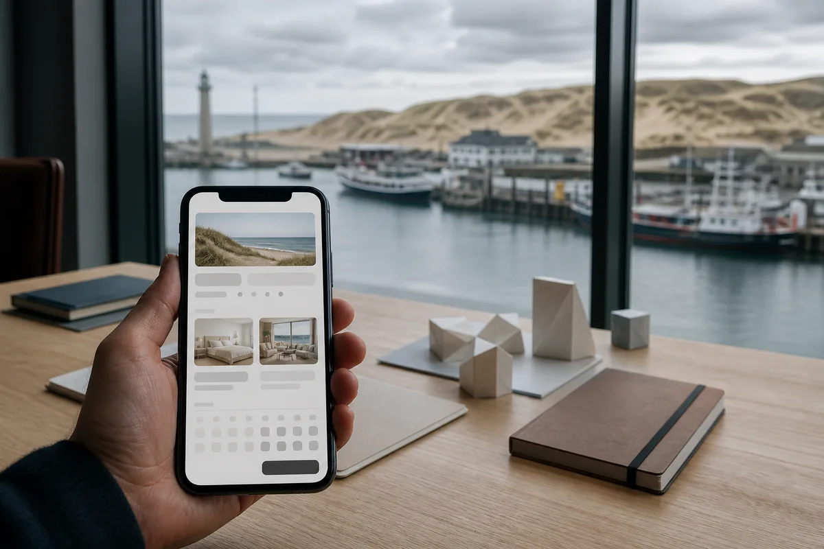 Téléphone affichant un parcours de réservation d’hébergement en bord de mer