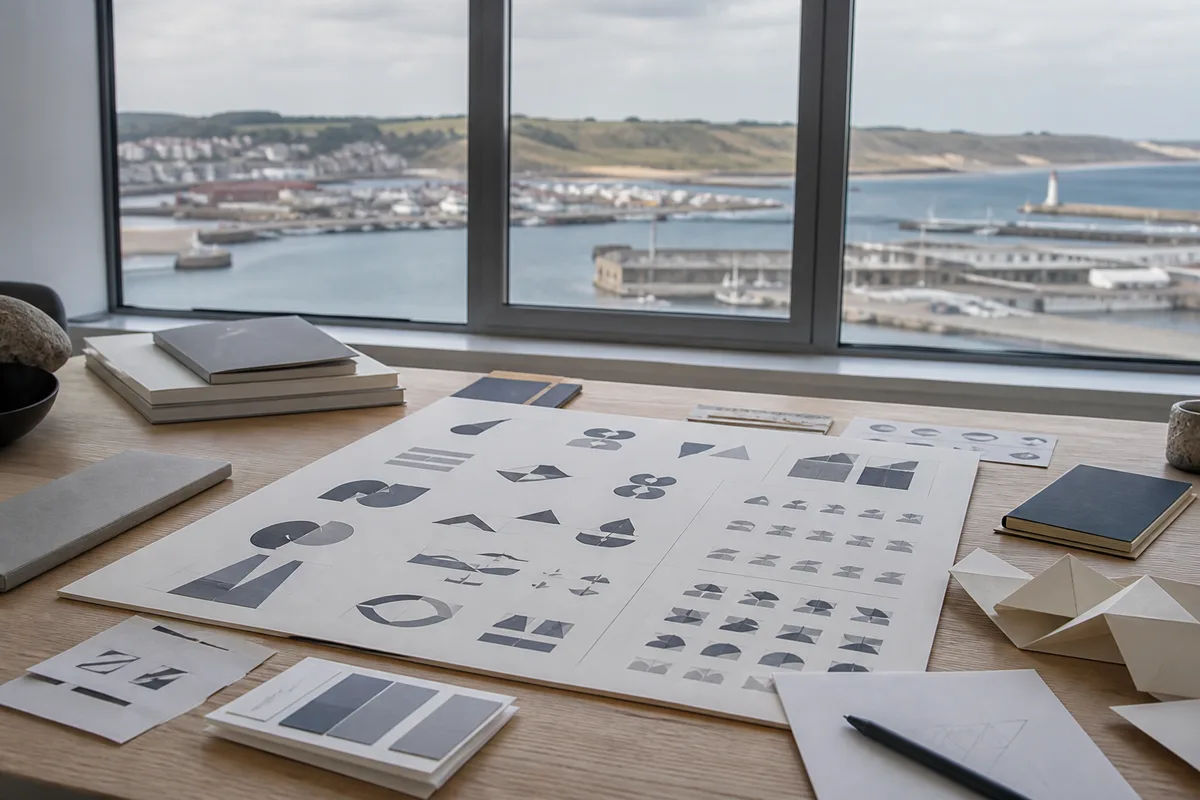 Planche de recherche graphique avec esquisses de logo et échantillons typographiques