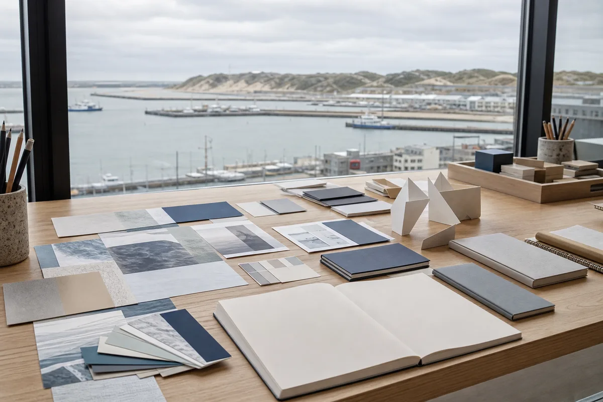 Table de travail avec nuanciers, planches de références visuelles et carnet ouvert