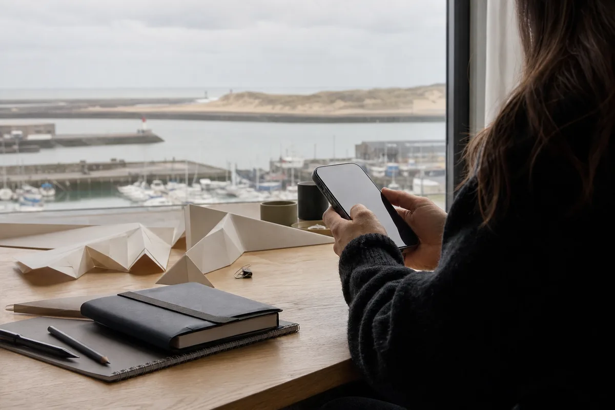 Personne consultant une publication professionnelle sur un téléphone mobile