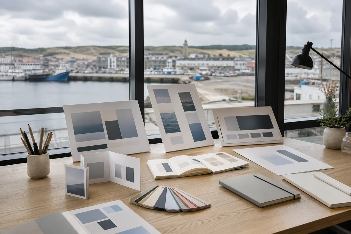 Maquettes d’interface web disposées sur un plan de travail clair avec nuancier de couleurs
